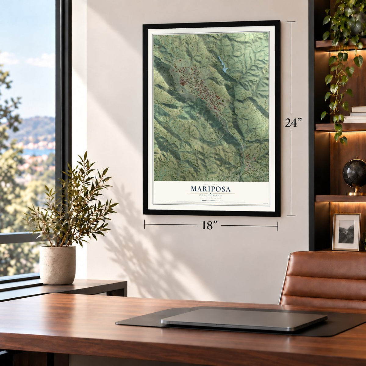 Mariposa, California map, 18 x 24 inch print in a black frame in a home office