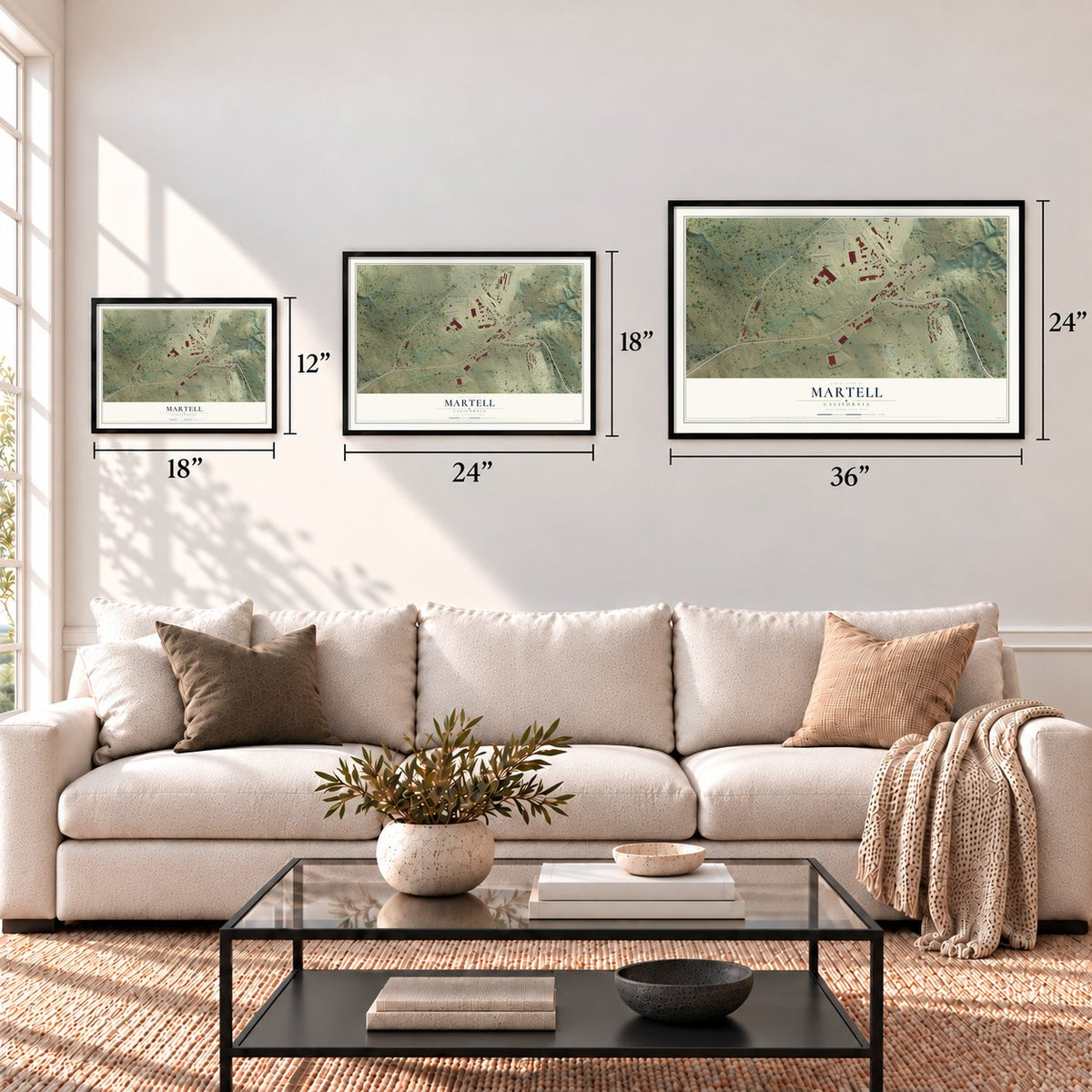 Martell, California map in 12 x 18, 18 x 24 and 24 x 36 inch sizes above a sofa