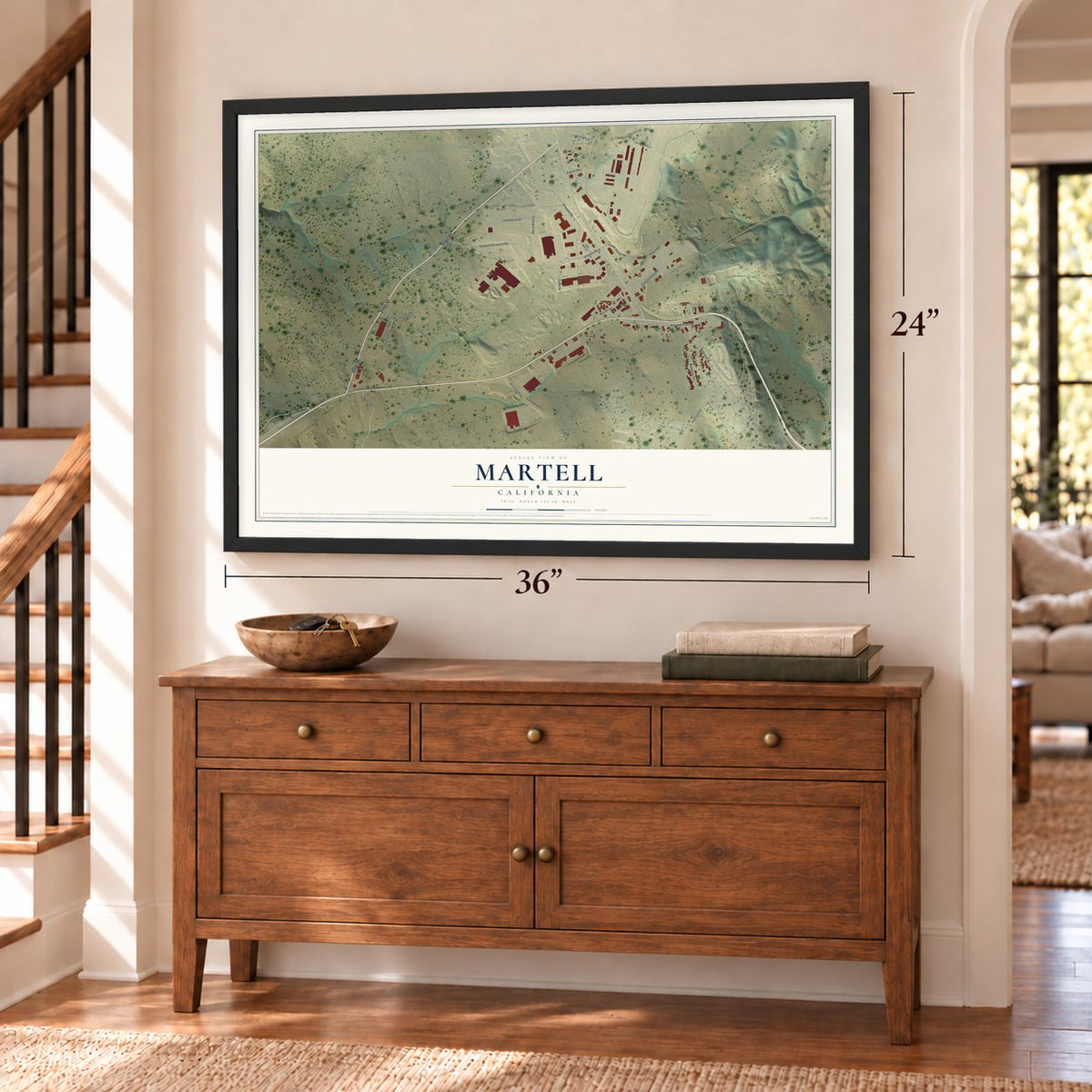 Martell, California map, 24 x 36 inch print in a black frame above a dresser by a staircase