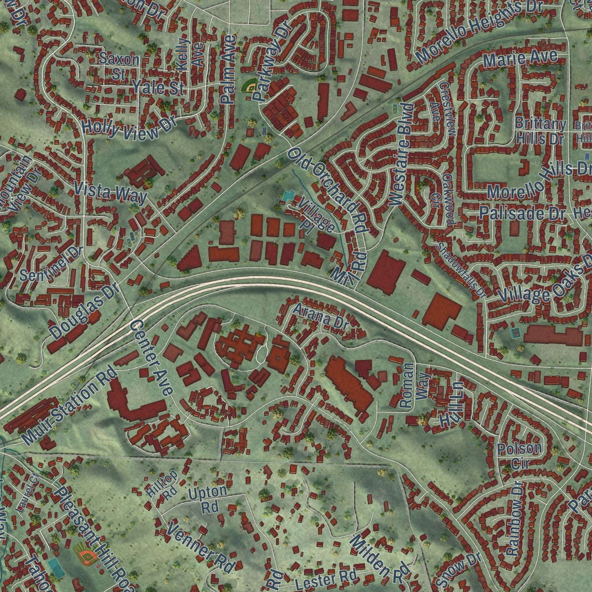 Close-up of the map of Martinez, California print showing street and building detail