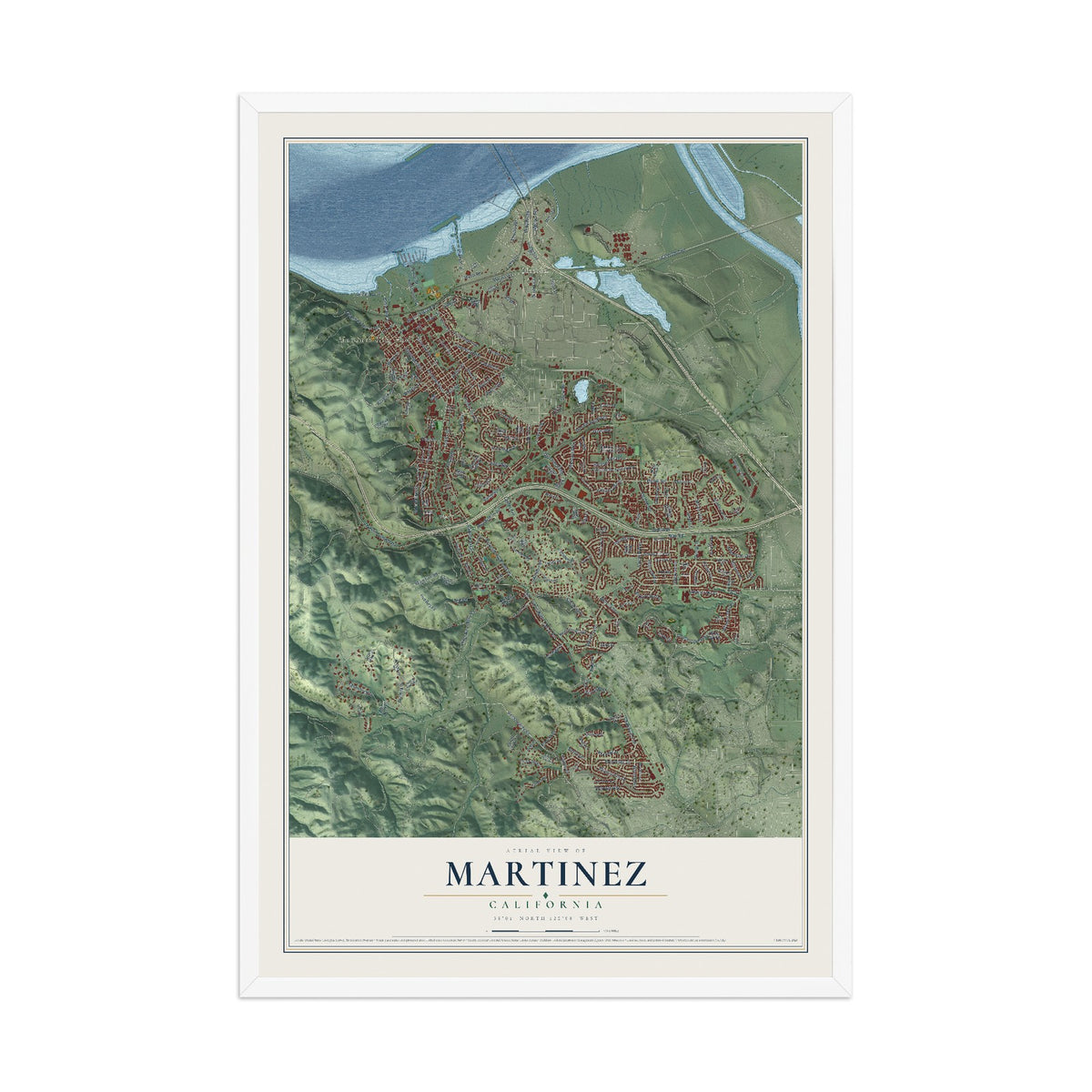Map of Martinez, California, 12 x 18 inch print in a white wood frame
