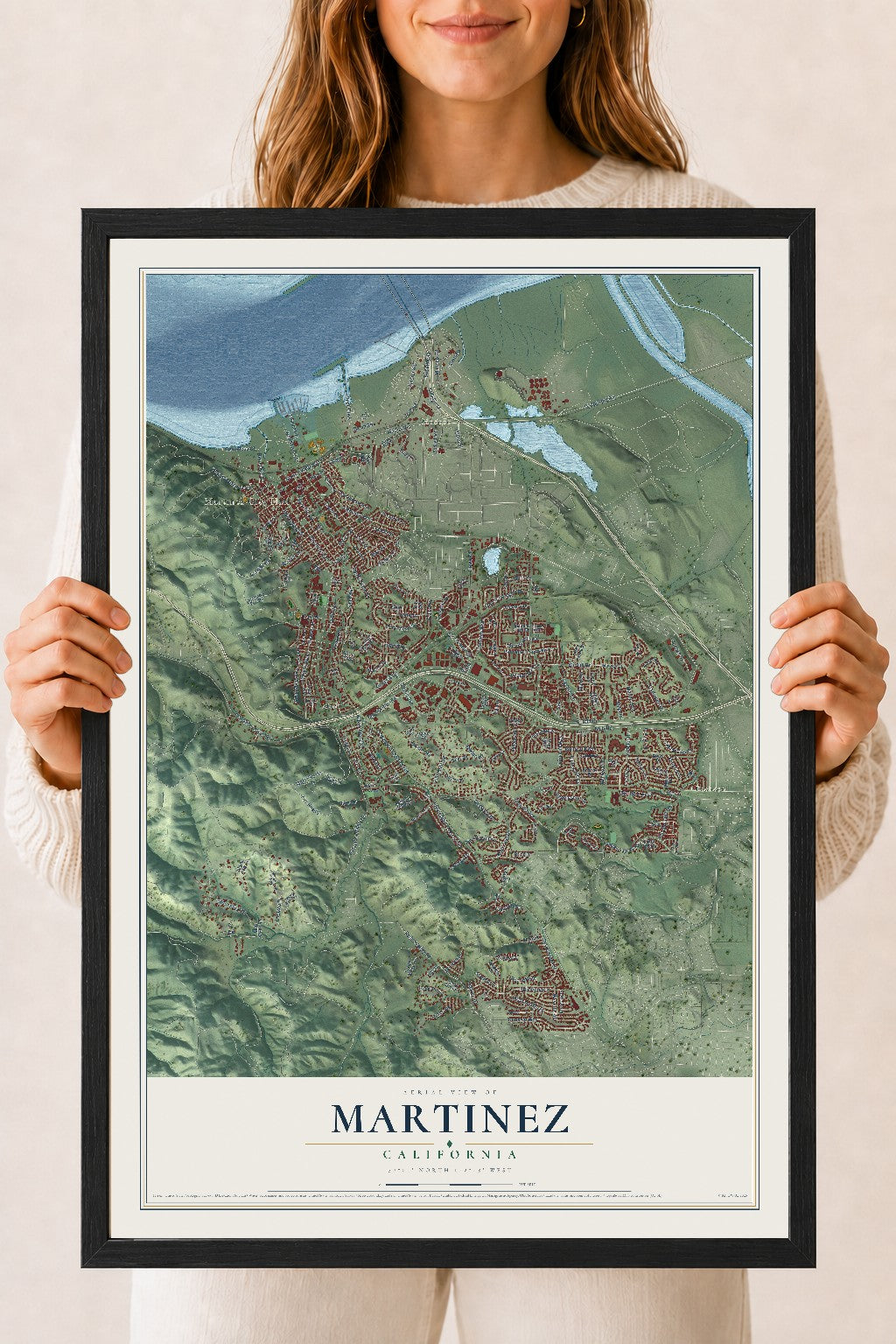 Map of Martinez, California, 18 x 24 inch print in a black wood frame