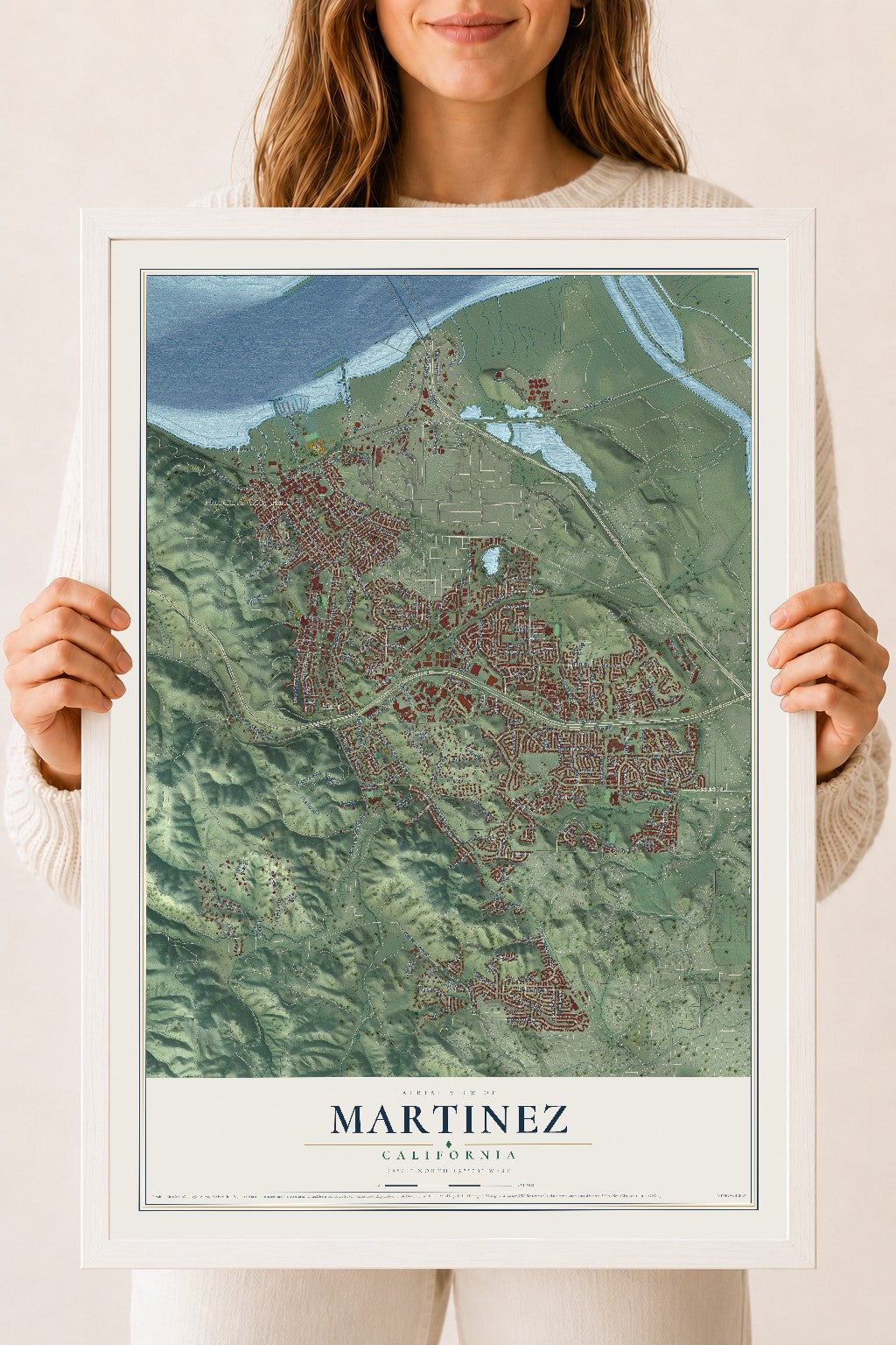 Map of Martinez, California, 18 x 24 inch print in a white wood frame