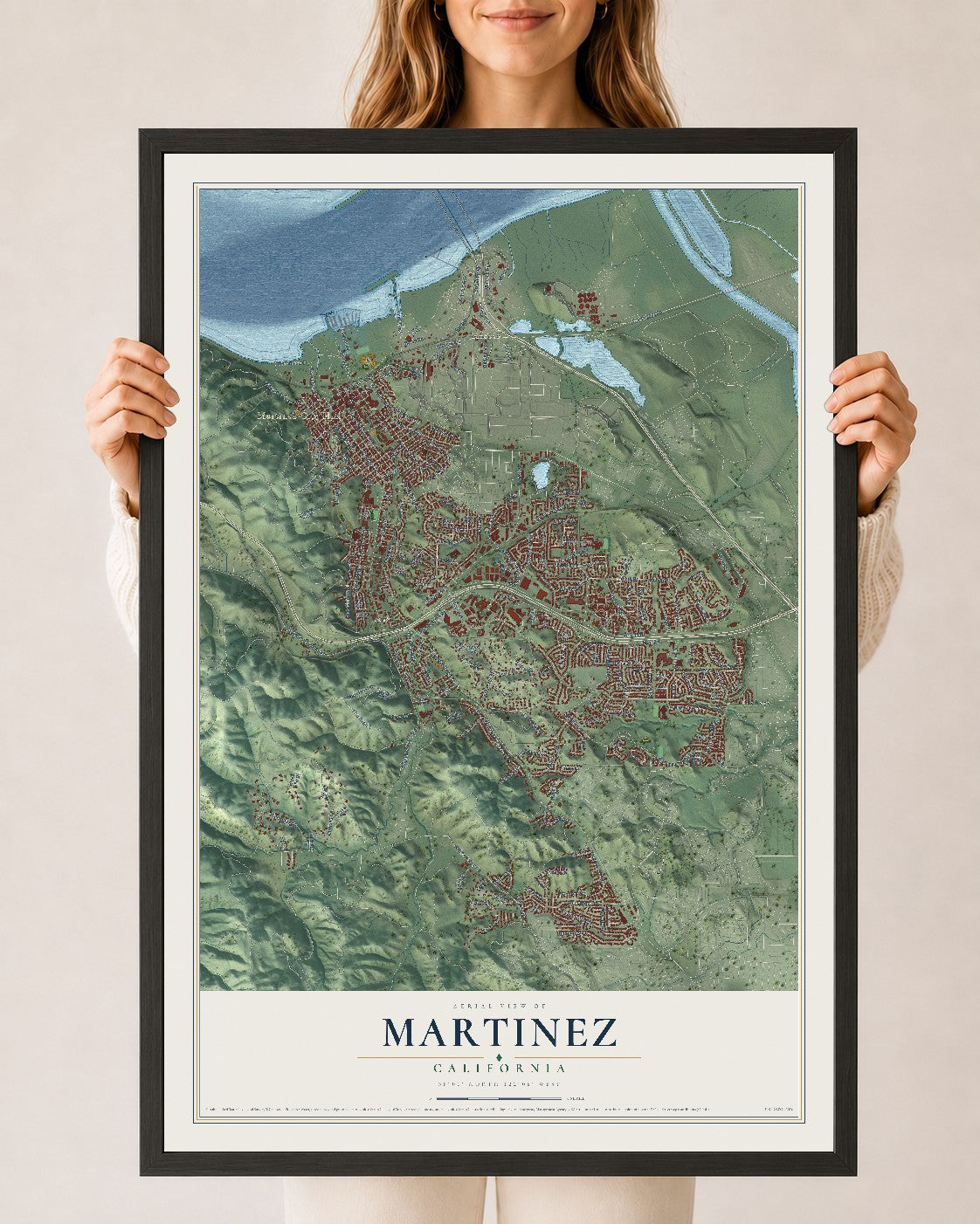 Map of Martinez, California, 24 x 36 inch print in a black wood frame