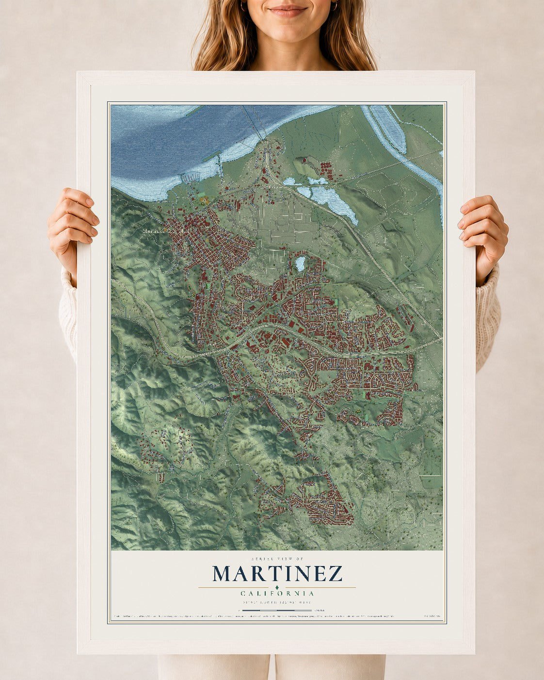Map of Martinez, California, 24 x 36 inch print in a white wood frame