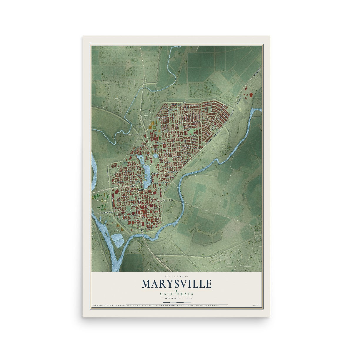 Map of Marysville, California, 12 x 18 inch unframed archival matte print