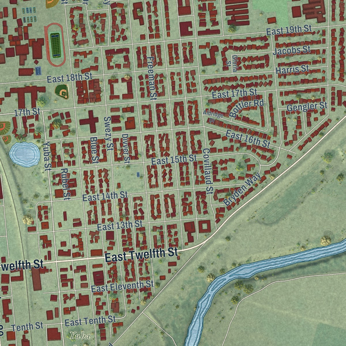 Close-up of the map of Marysville, California print showing street and building detail