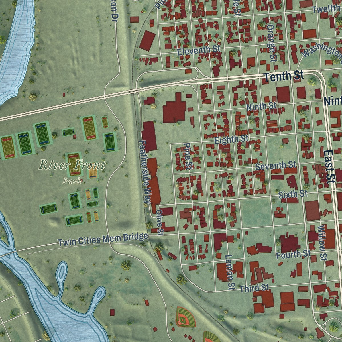 Second close-up of the map of Marysville, California print showing more streets and buildings