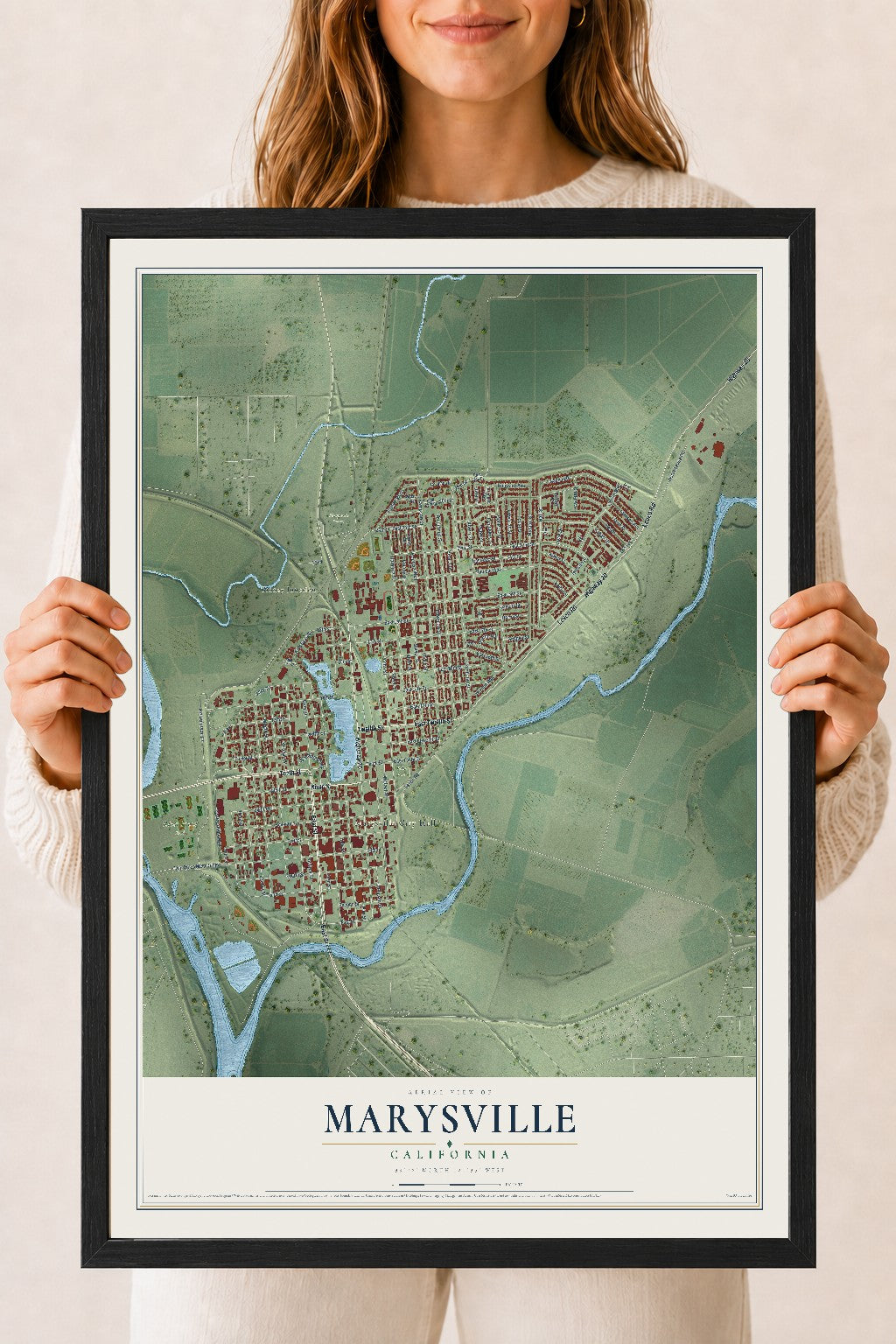 Map of Marysville, California, 18 x 24 inch print in a black wood frame