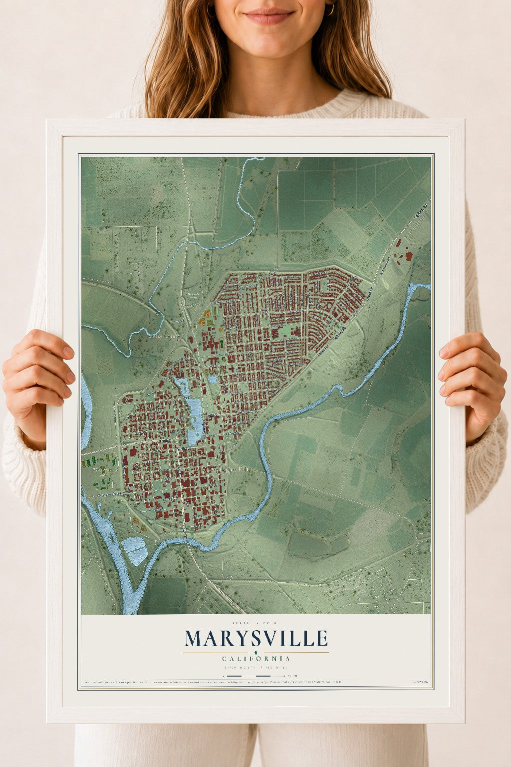 Map of Marysville, California, 18 x 24 inch print in a white wood frame