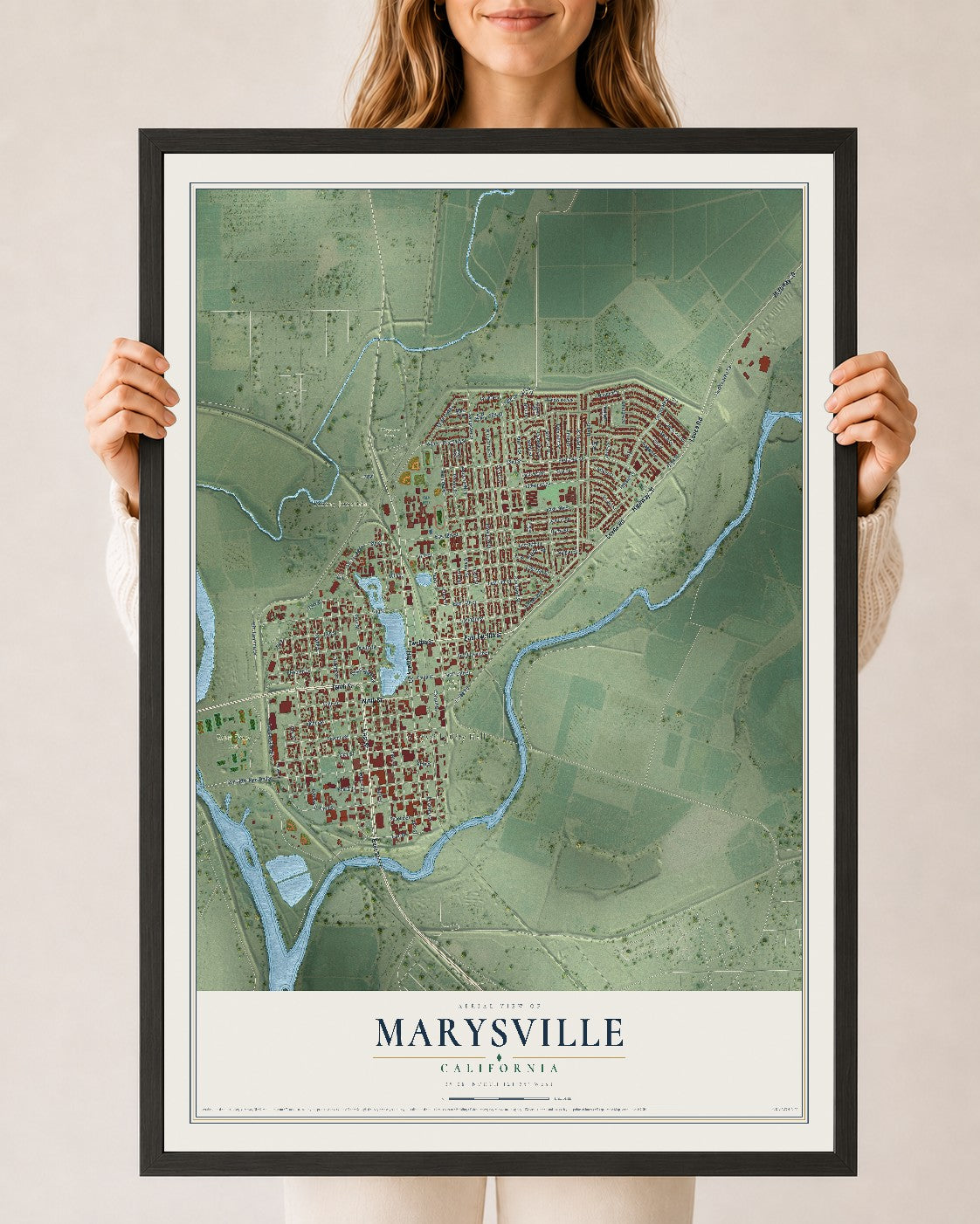 Map of Marysville, California, 24 x 36 inch print in a black wood frame