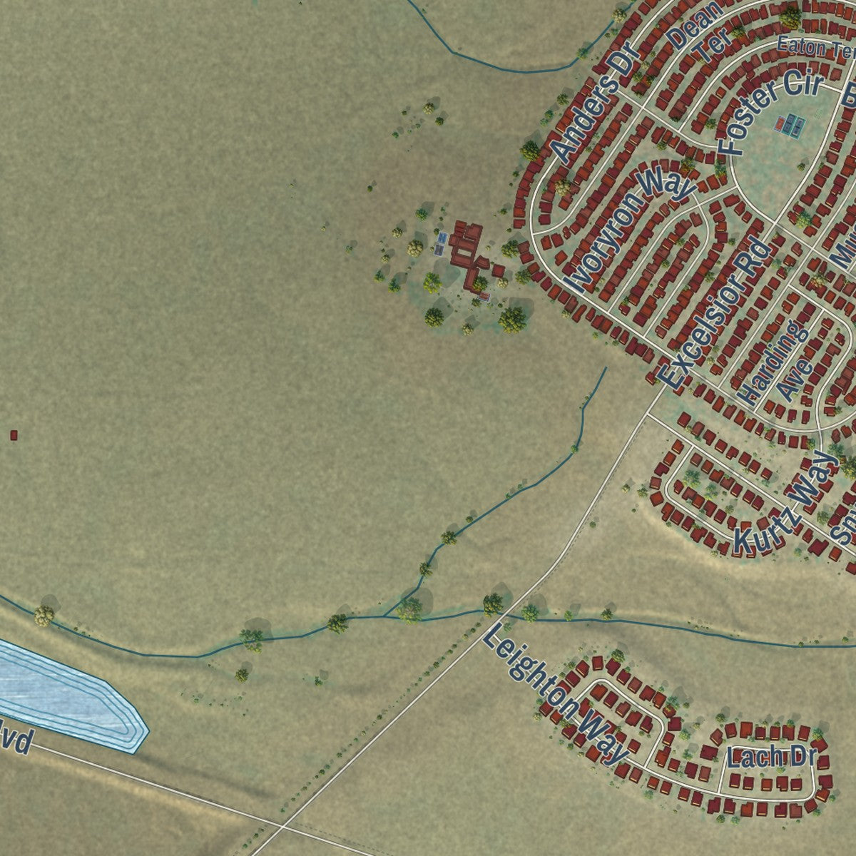 Close-up of the map of Mather, California print showing street and building detail