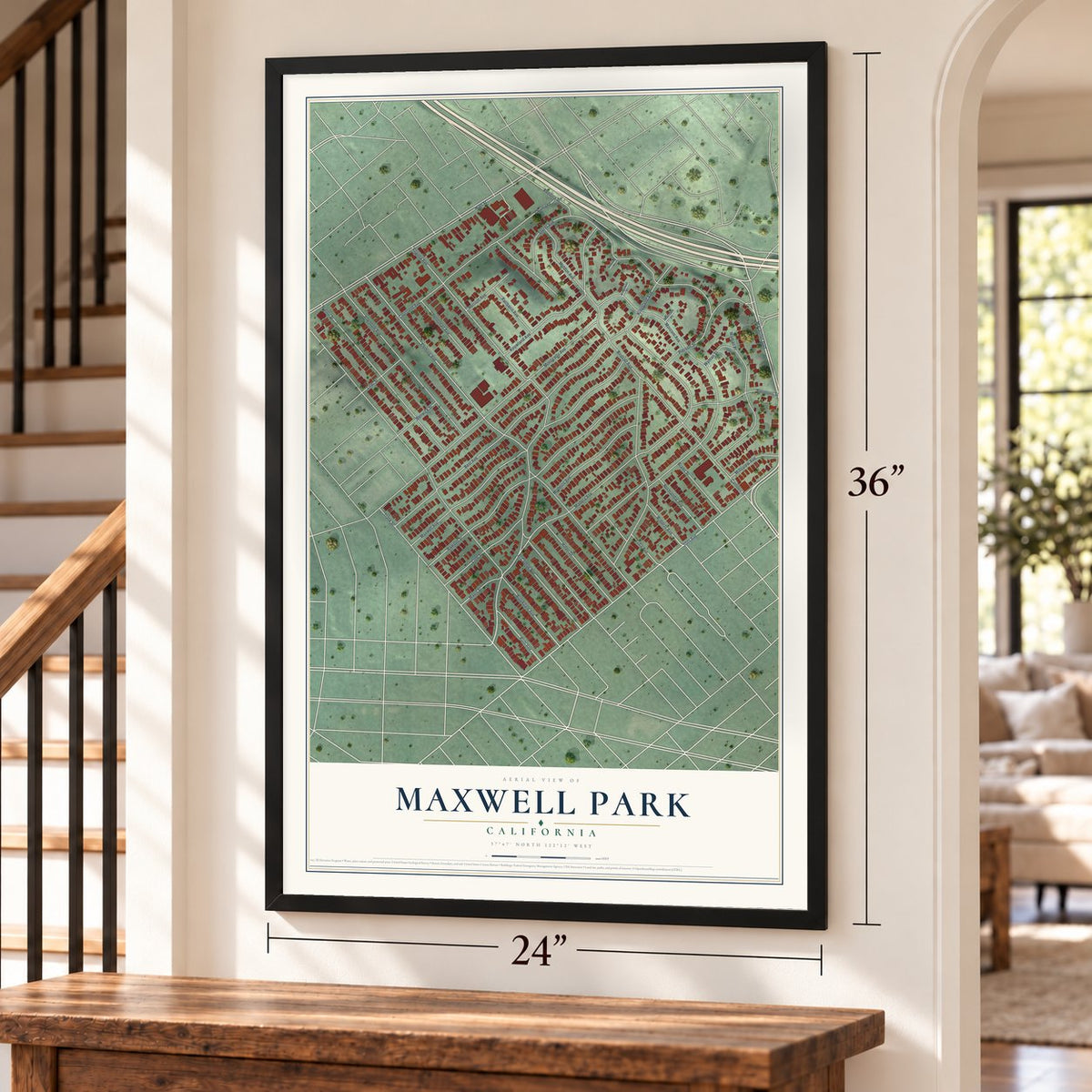 Maxwell Park, California map, 24 x 36 inch print in a black frame by a staircase