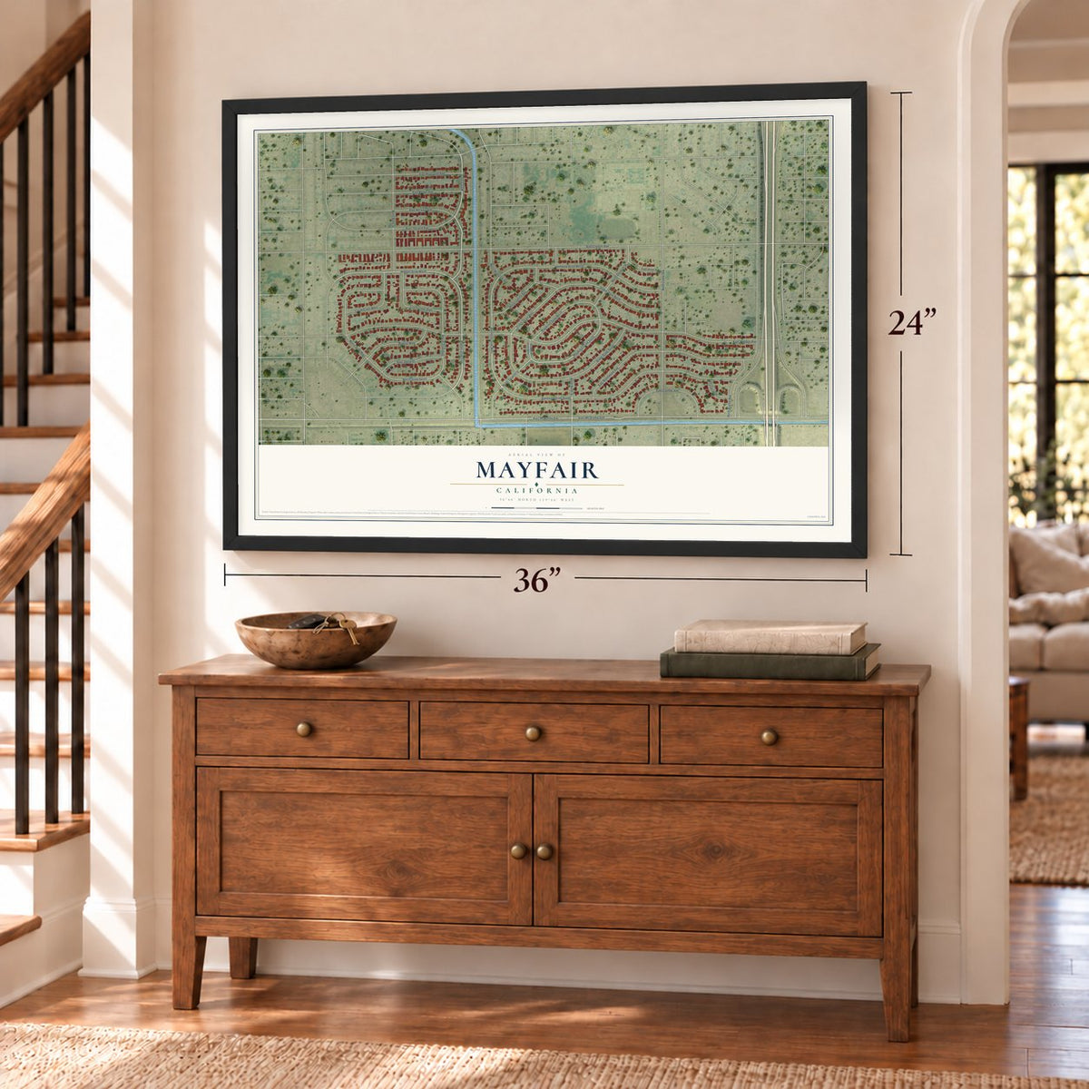 Mayfair, California map, 24 x 36 inch print in a black frame above a dresser by a staircase
