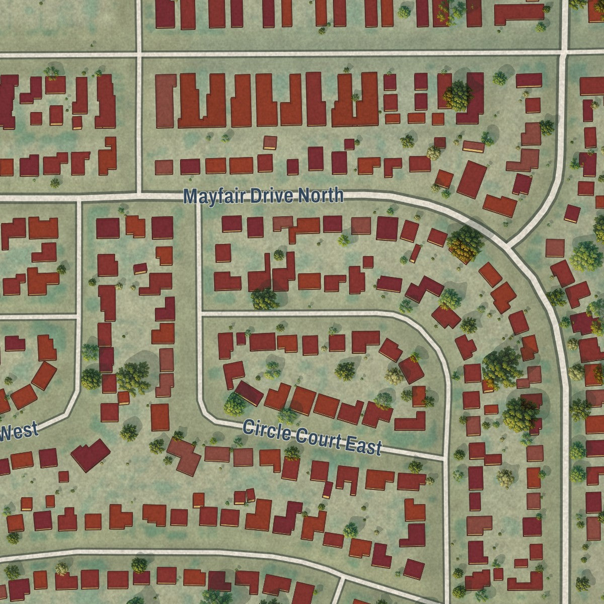 Close-up of the map of Mayfair, California print showing street and building detail