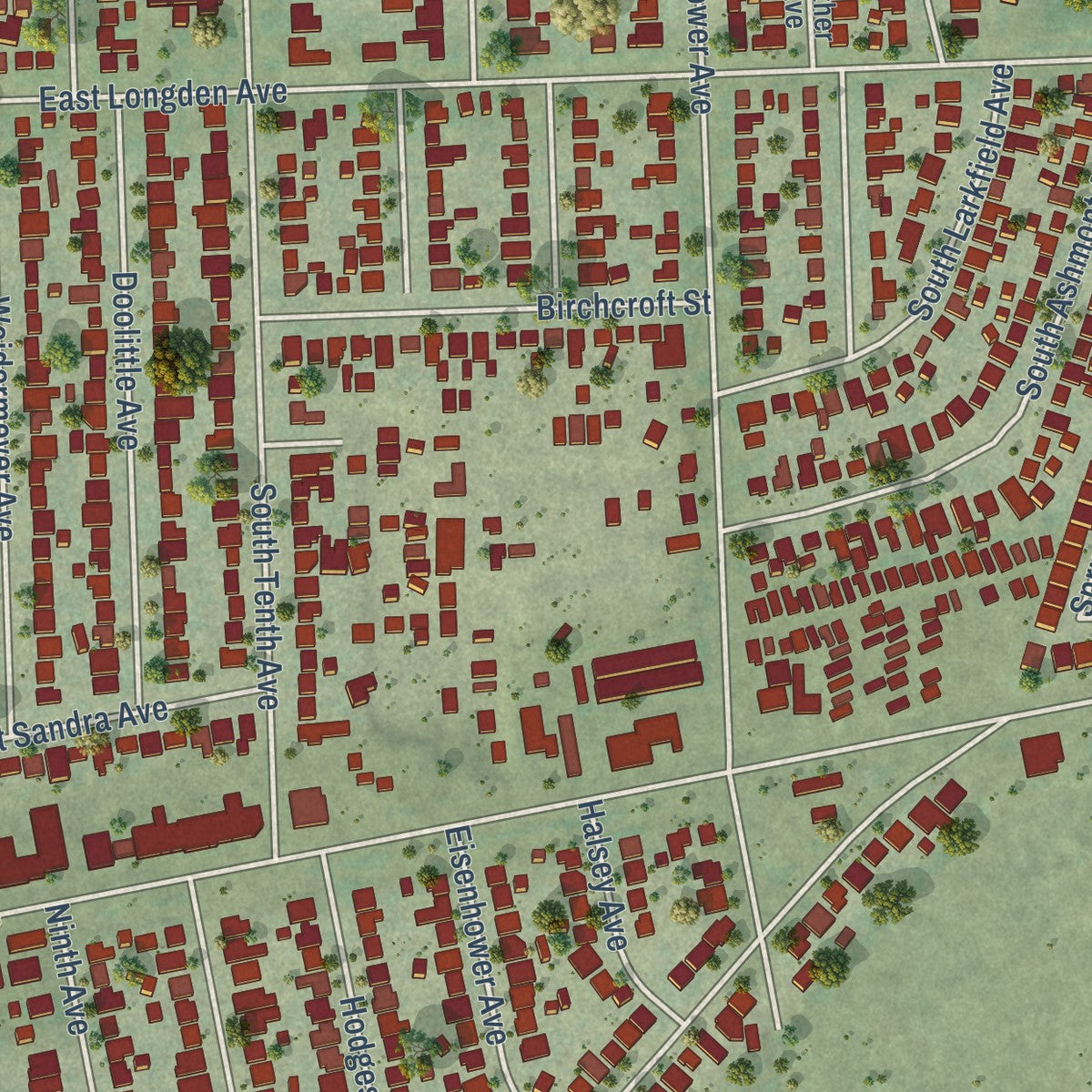 Close-up of the map of Mayflower Village, California print showing street and building detail