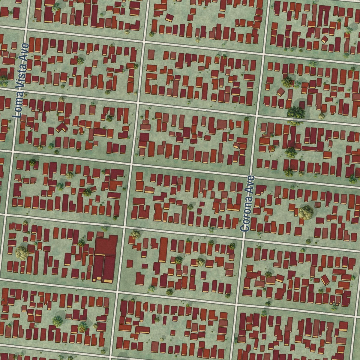 Close-up of the map of Maywood, California print showing street and building detail