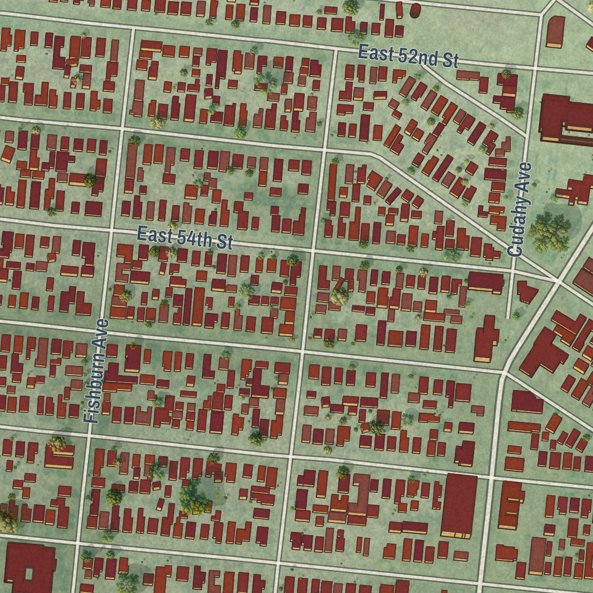 Second close-up of the map of Maywood, California print showing more streets and buildings