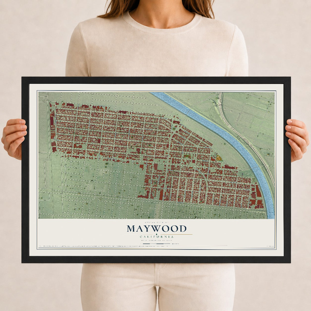 Map of Maywood, California, 12 x 18 inch print in a black wood frame