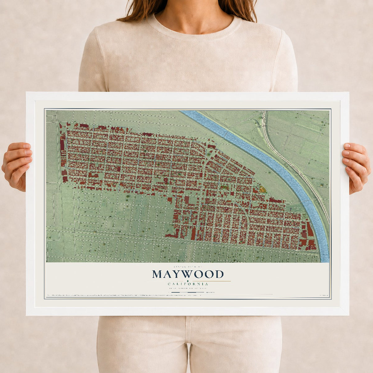 Map of Maywood, California, 12 x 18 inch print in a white wood frame