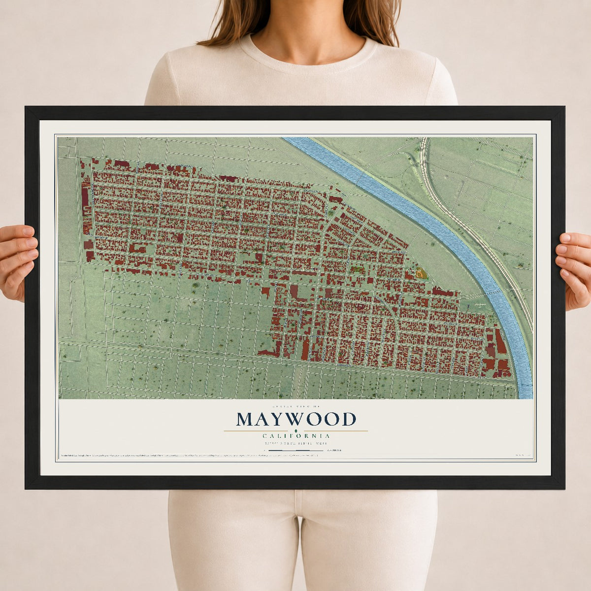 Map of Maywood, California, 18 x 24 inch print in a black wood frame
