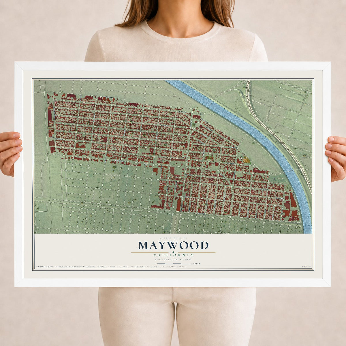 Map of Maywood, California, 18 x 24 inch print in a white wood frame