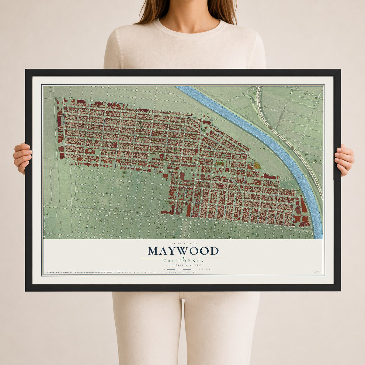 Map of Maywood, California, 24 x 36 inch print in a black wood frame