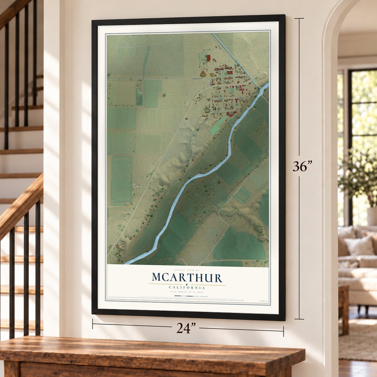 McArthur, California map, 24 x 36 inch print in a black frame by a staircase