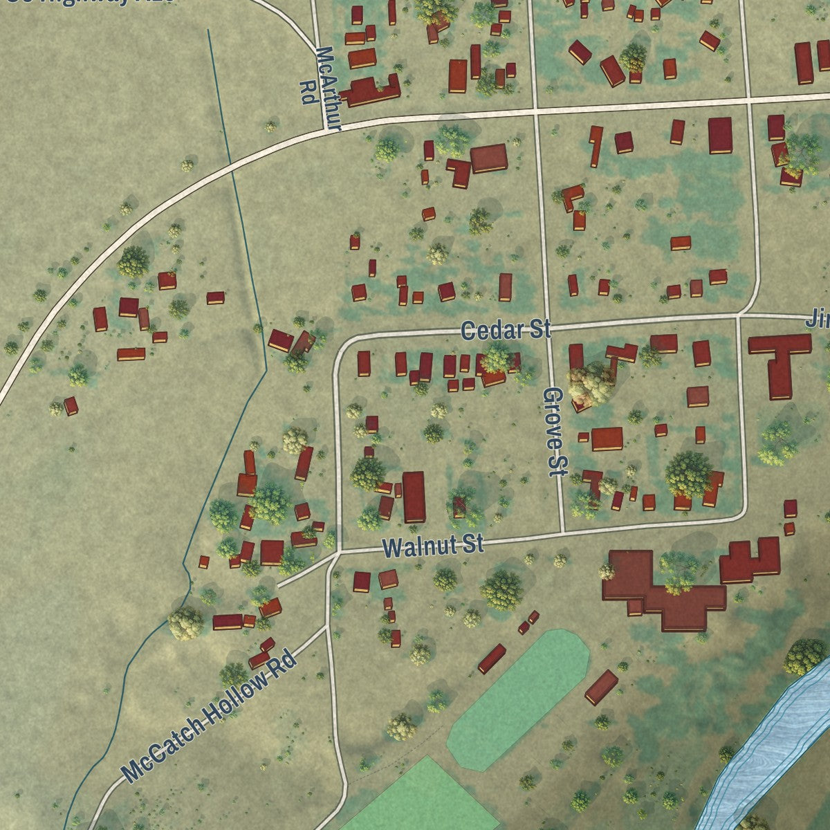 Close-up of the map of McArthur, California print showing street and building detail