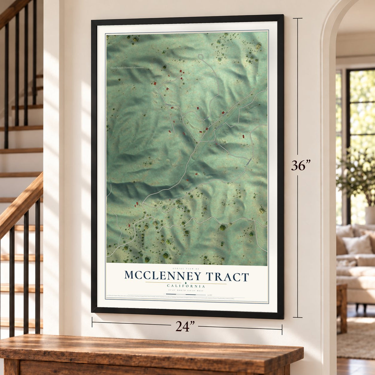 McClenney Tract, California map, 24 x 36 inch print in a black frame by a staircase