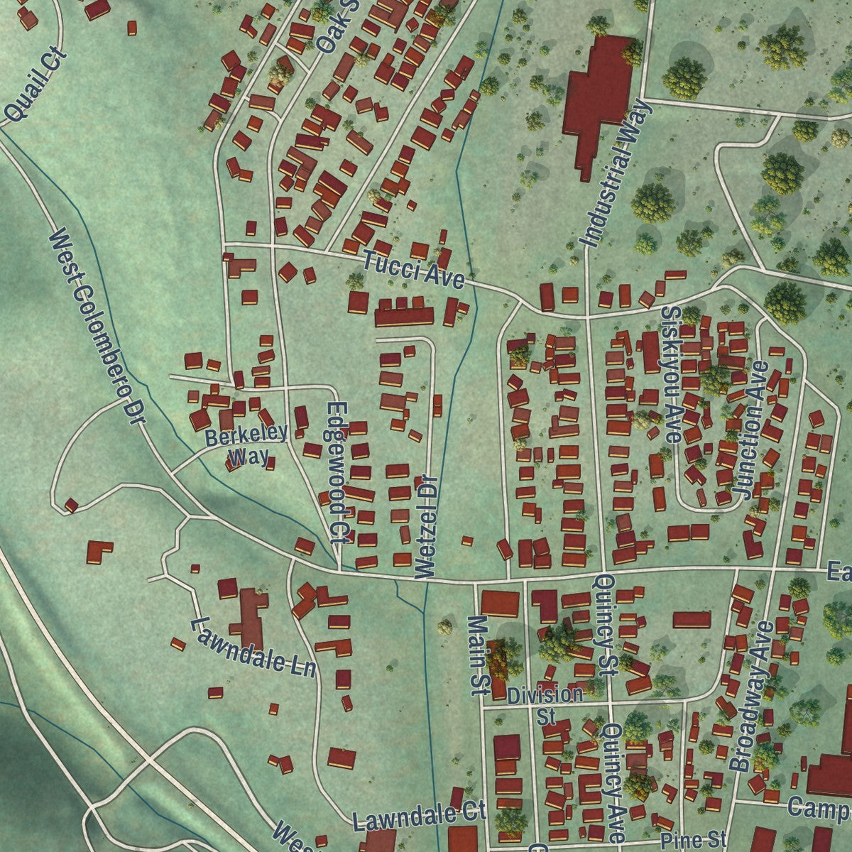 Close-up of the map of McCloud, California print showing street and building detail