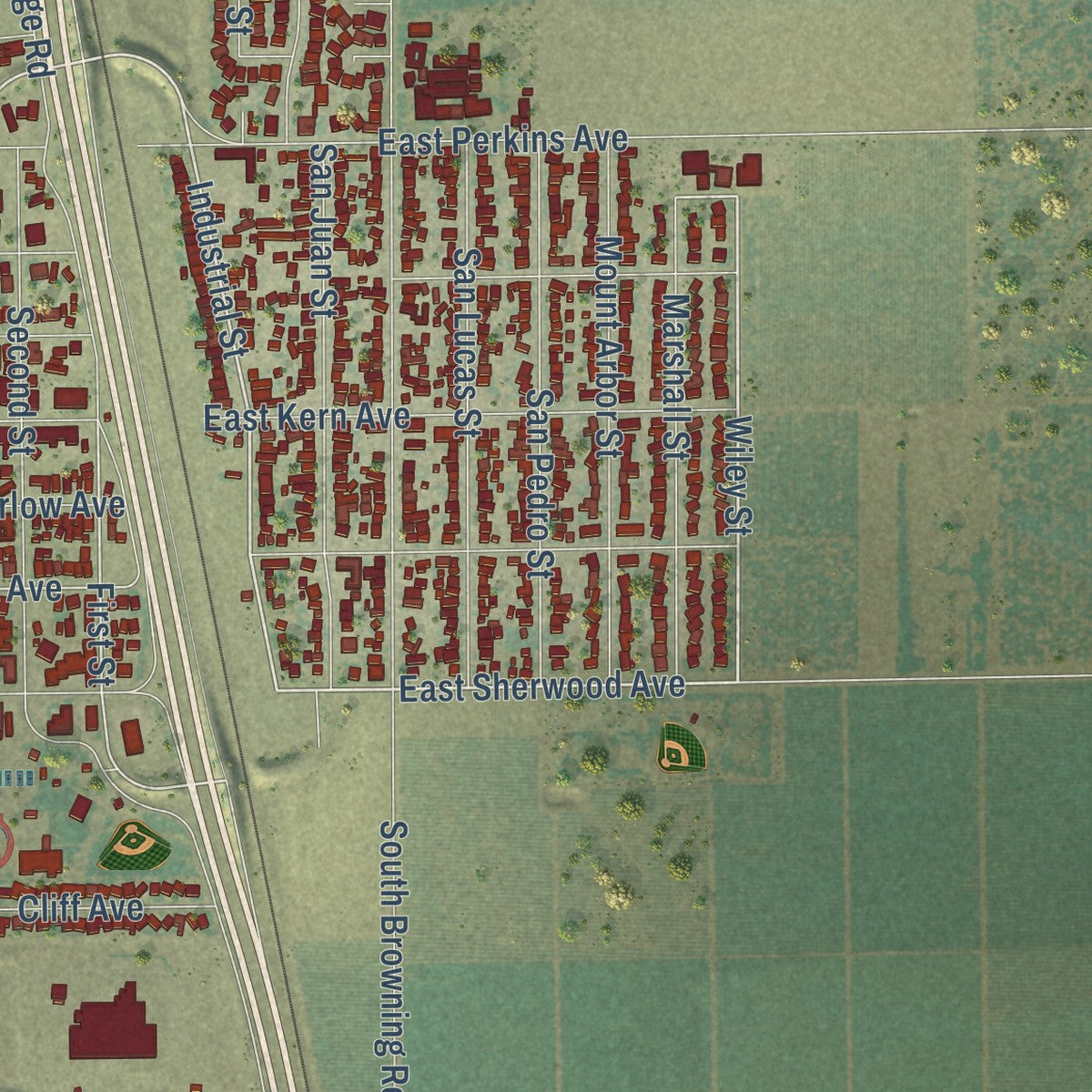Close-up of the map of McFarland, California print showing street and building detail