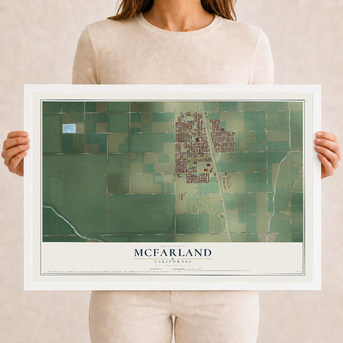 Map of McFarland, California, 12 x 18 inch print in a white wood frame