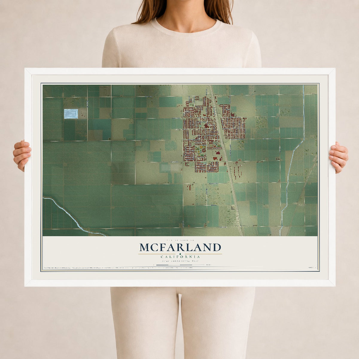Map of McFarland, California, 24 x 36 inch print in a white wood frame