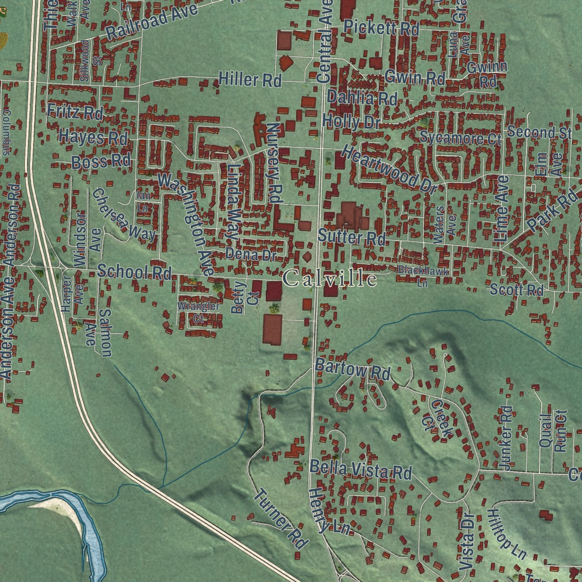 Close-up of the map of McKinleyville, California print showing street and building detail