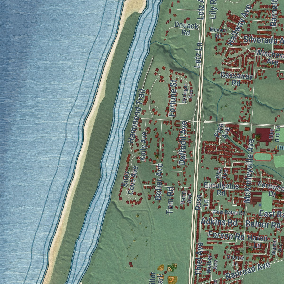 Second close-up of the map of McKinleyville, California print showing more streets and buildings