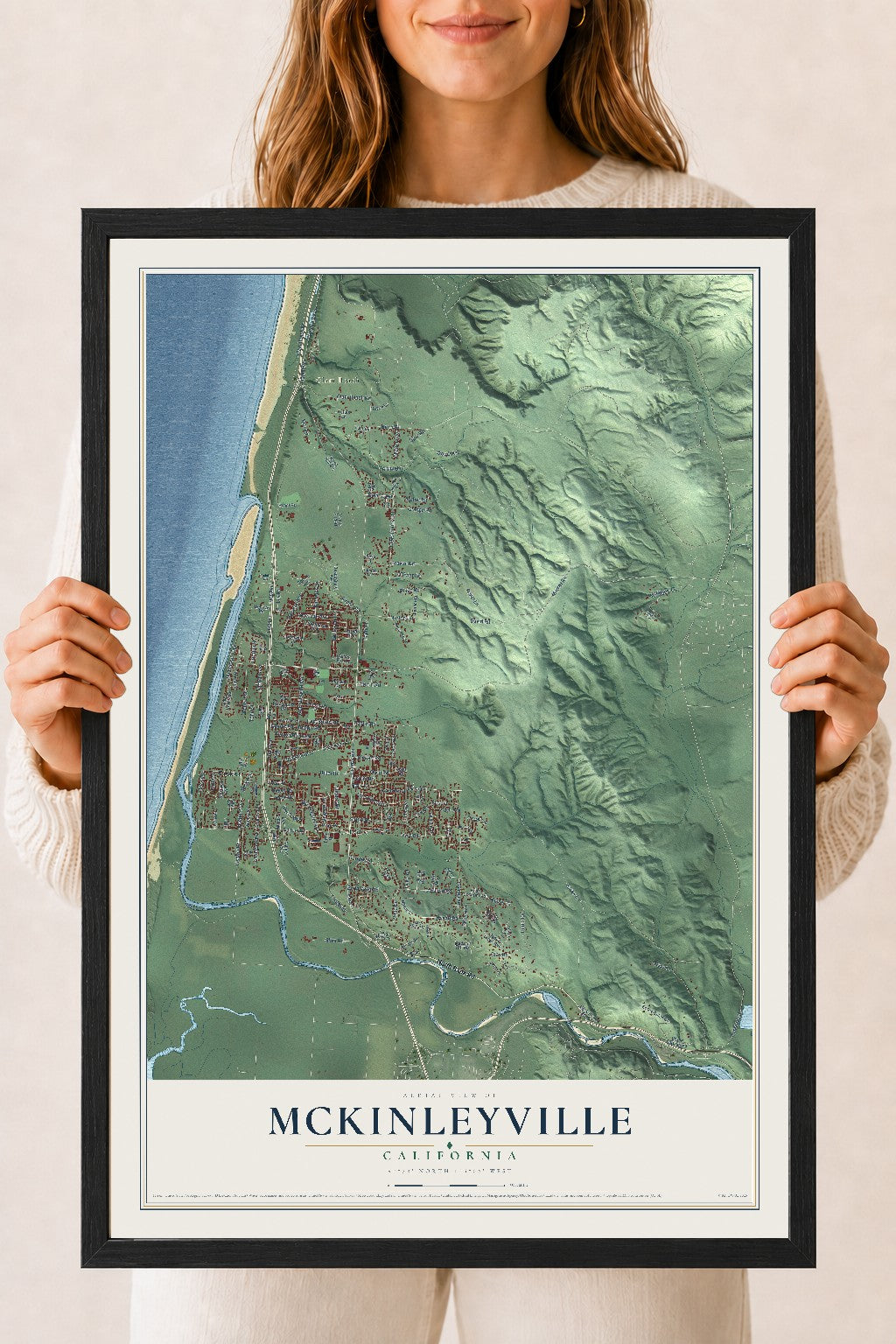 Map of McKinleyville, California, 18 x 24 inch print in a black wood frame