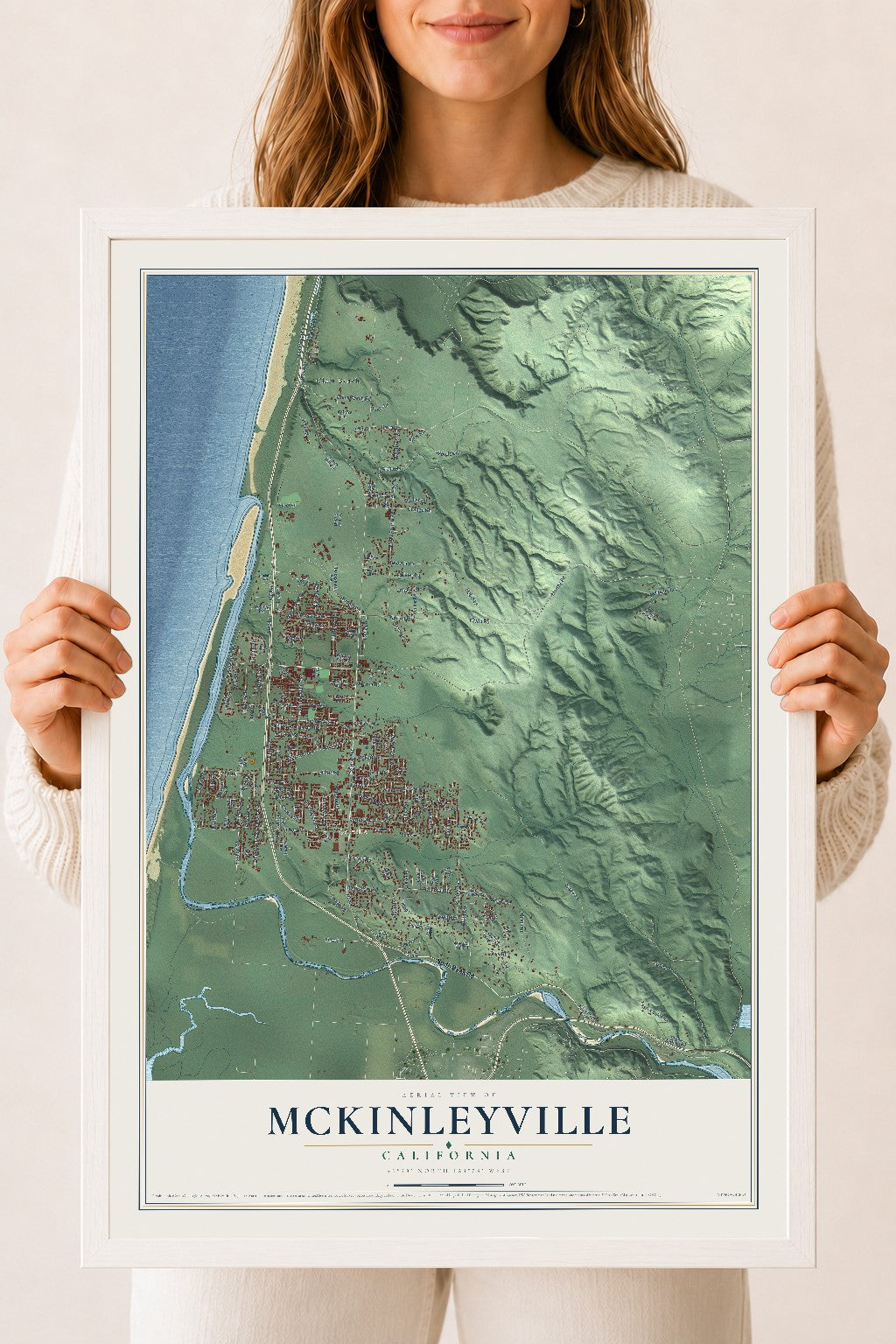 Map of McKinleyville, California, 18 x 24 inch print in a white wood frame