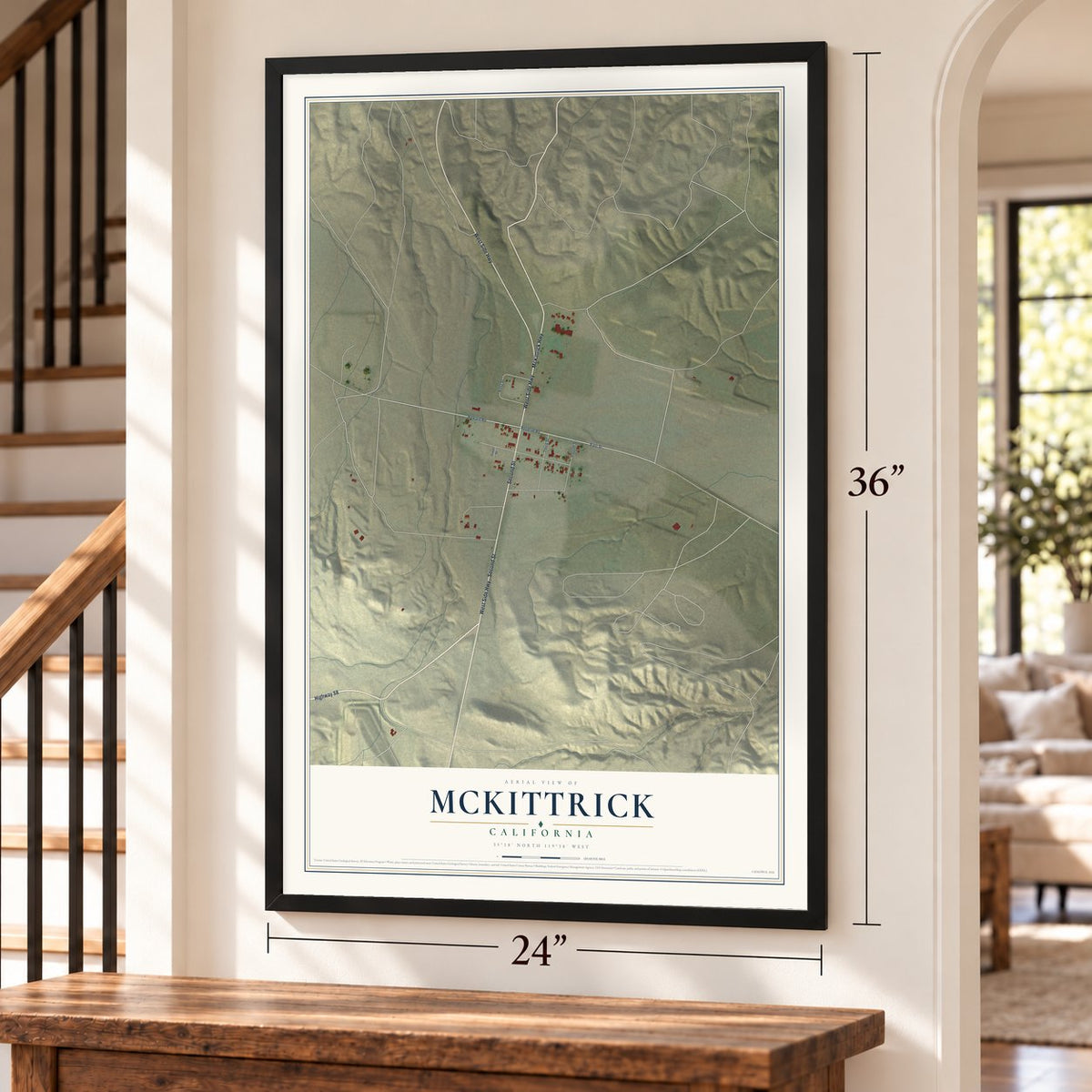 McKittrick, California map, 24 x 36 inch print in a black frame by a staircase