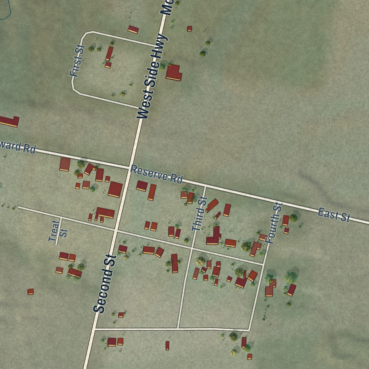 Close-up of the map of McKittrick, California print showing street and building detail