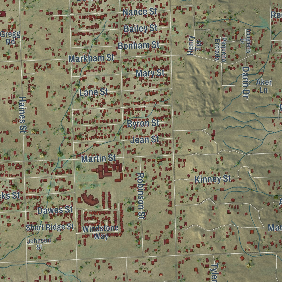 Close-up of the map of Mead Valley, California print showing street and building detail