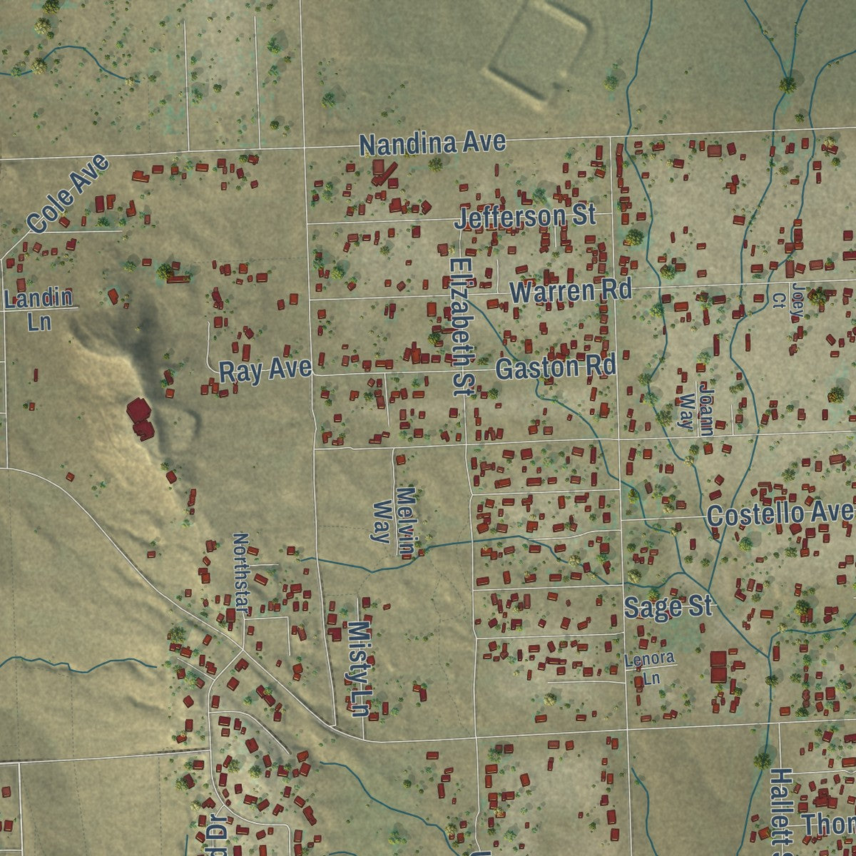 Second close-up of the map of Mead Valley, California print showing more streets and buildings