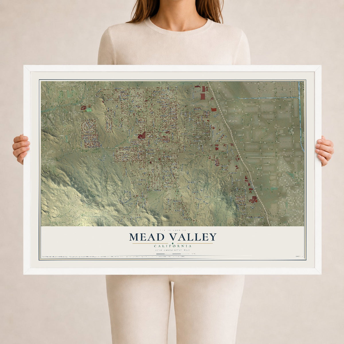 Map of Mead Valley, California, 24 x 36 inch print in a white wood frame