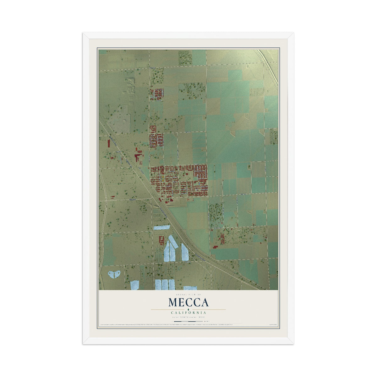 Map of Mecca, California, 12 x 18 inch print in a white wood frame