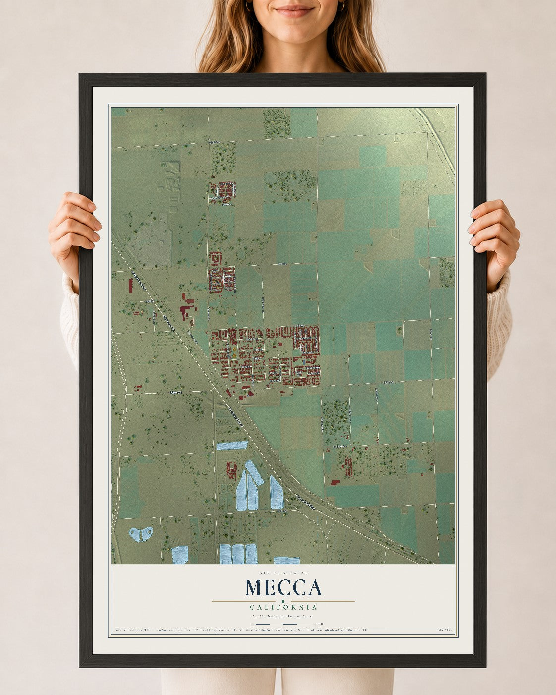 Map of Mecca, California, 24 x 36 inch print in a black wood frame