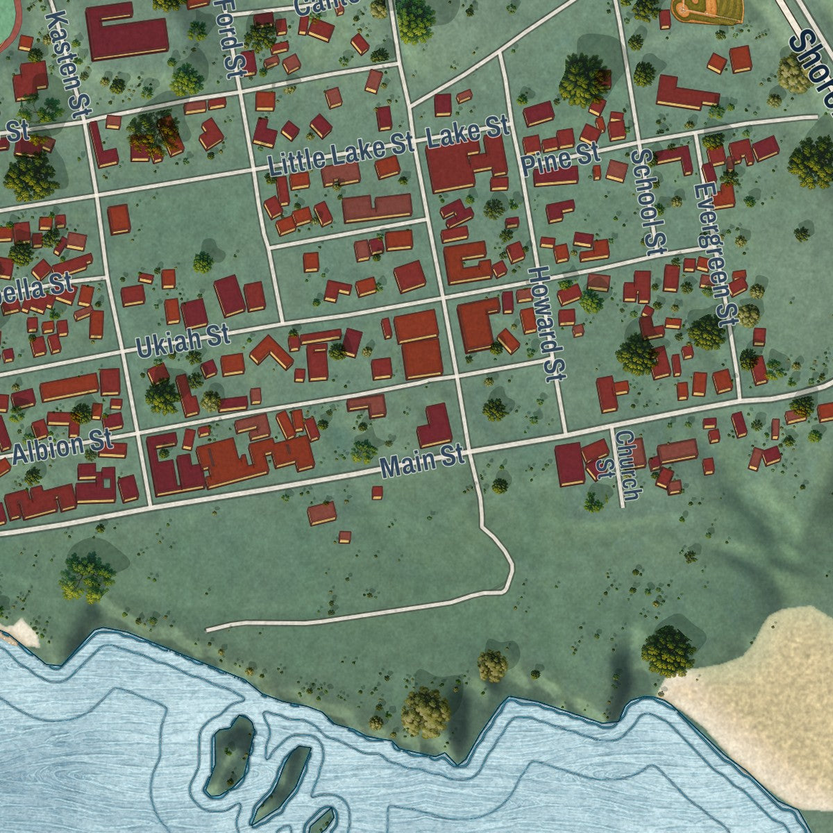 Close-up of the map of Mendocino, California print showing street and building detail