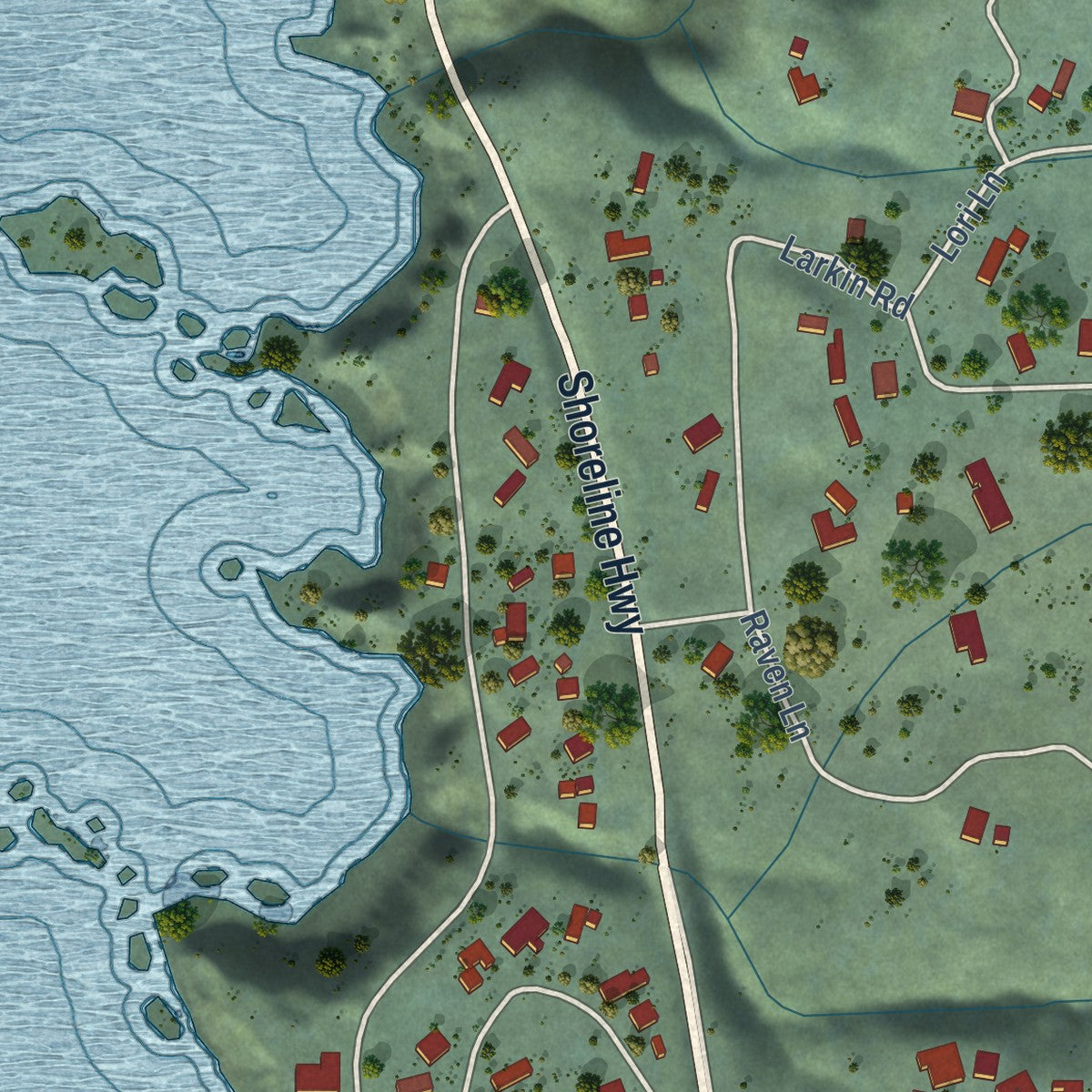 Second close-up of the map of Mendocino, California print showing more streets and buildings
