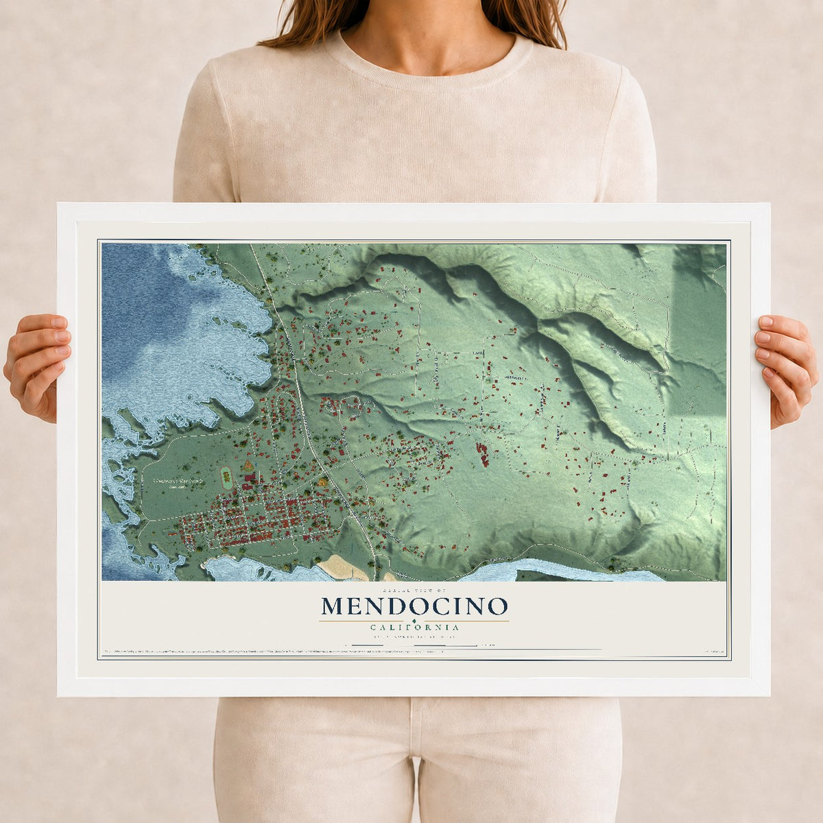 Map of Mendocino, California, 12 x 18 inch print in a white wood frame