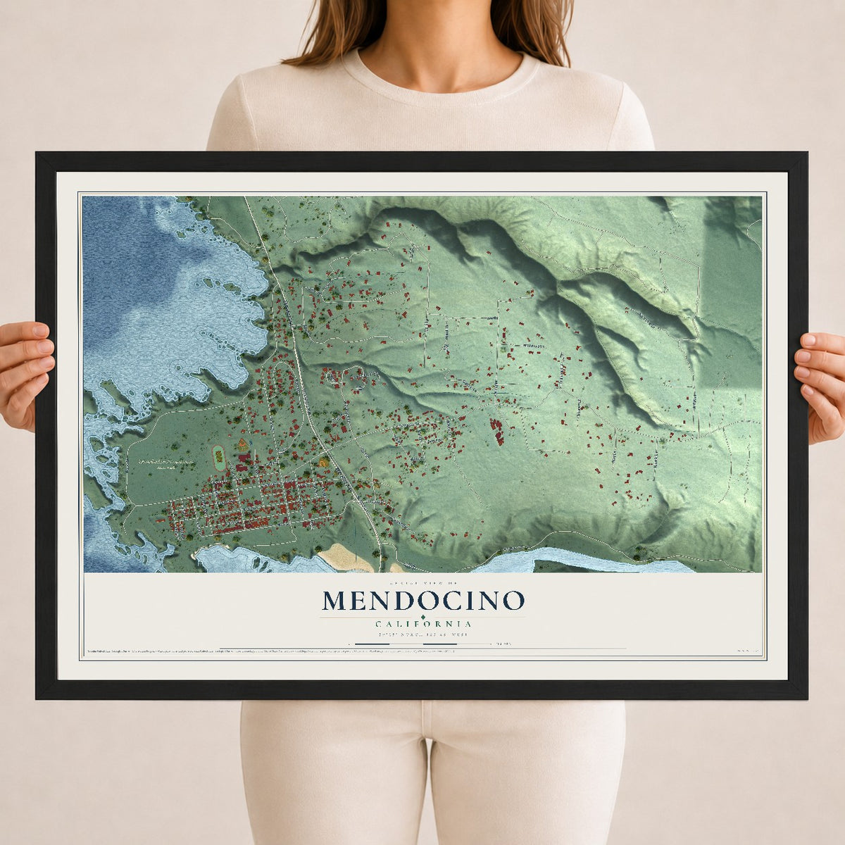 Map of Mendocino, California, 18 x 24 inch print in a black wood frame