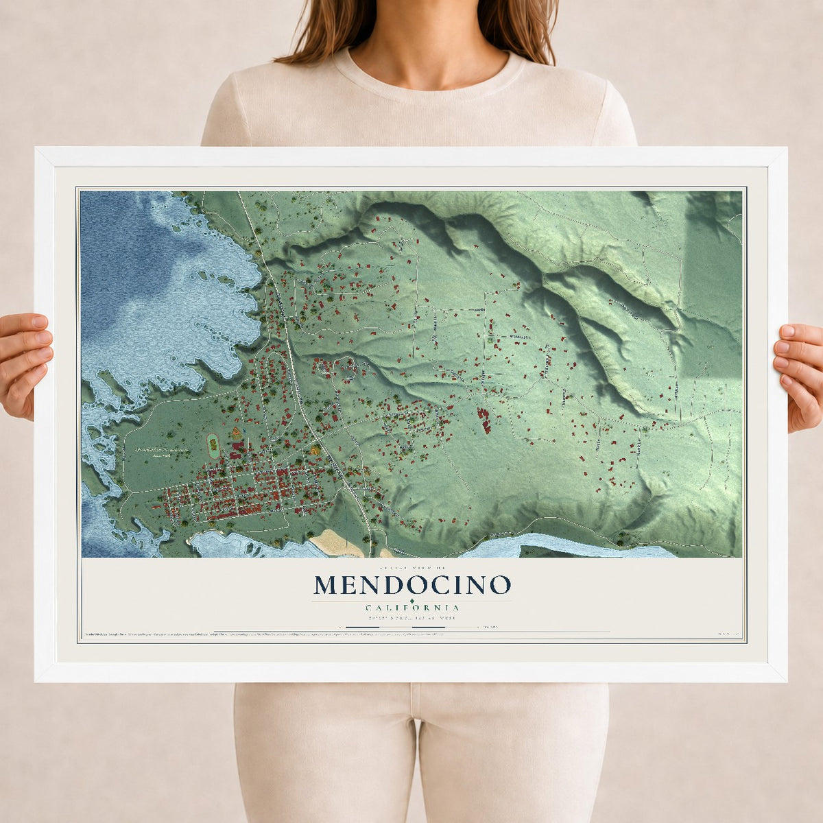 Map of Mendocino, California, 18 x 24 inch print in a white wood frame